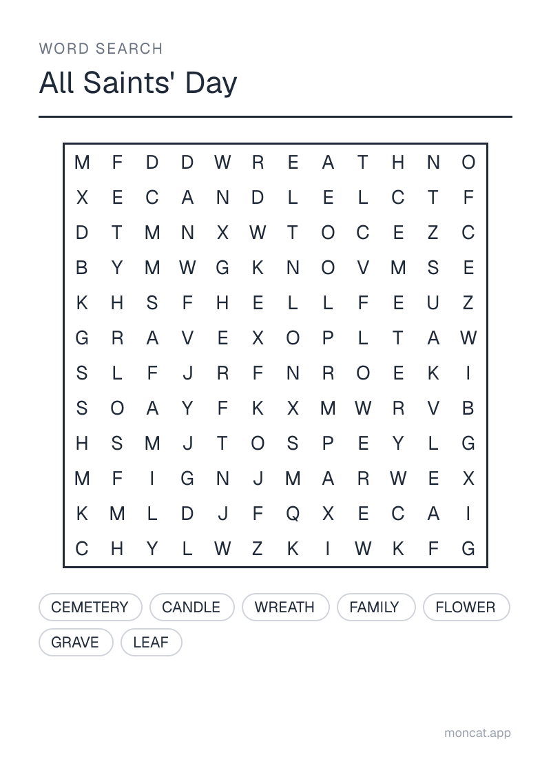 Sample printable Word Search on “All Saints' Day” with the words: candle, cemetery, grave, wreath, leaf, family, flower