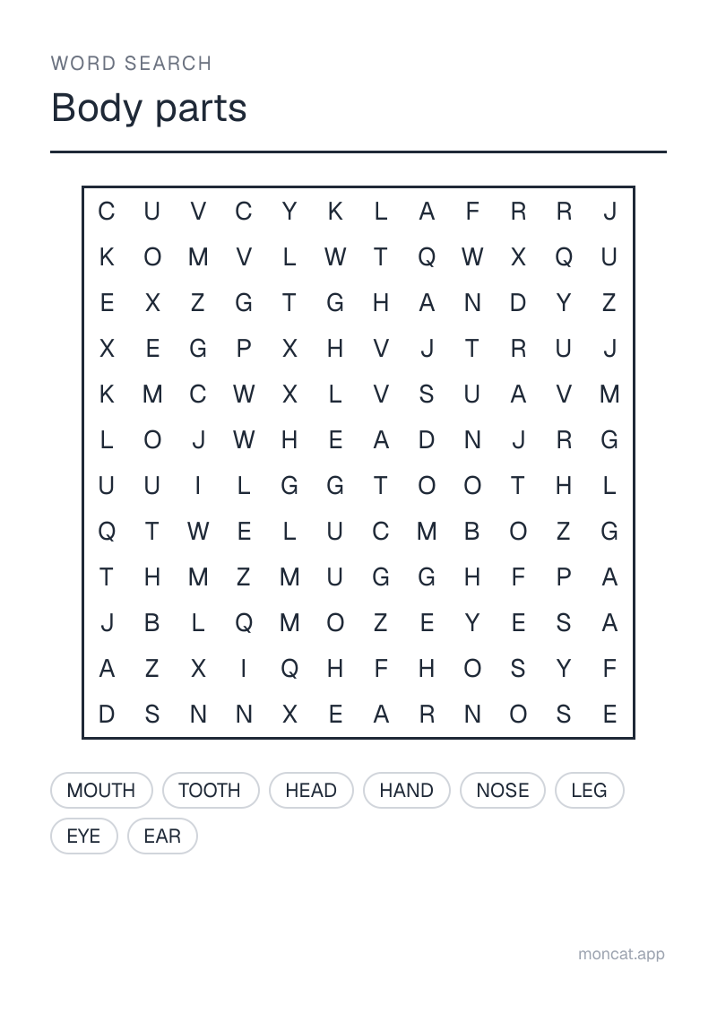Sample printable Word Search on “Body parts” with the words: head, hand, leg, eye, ear, nose, mouth, tooth