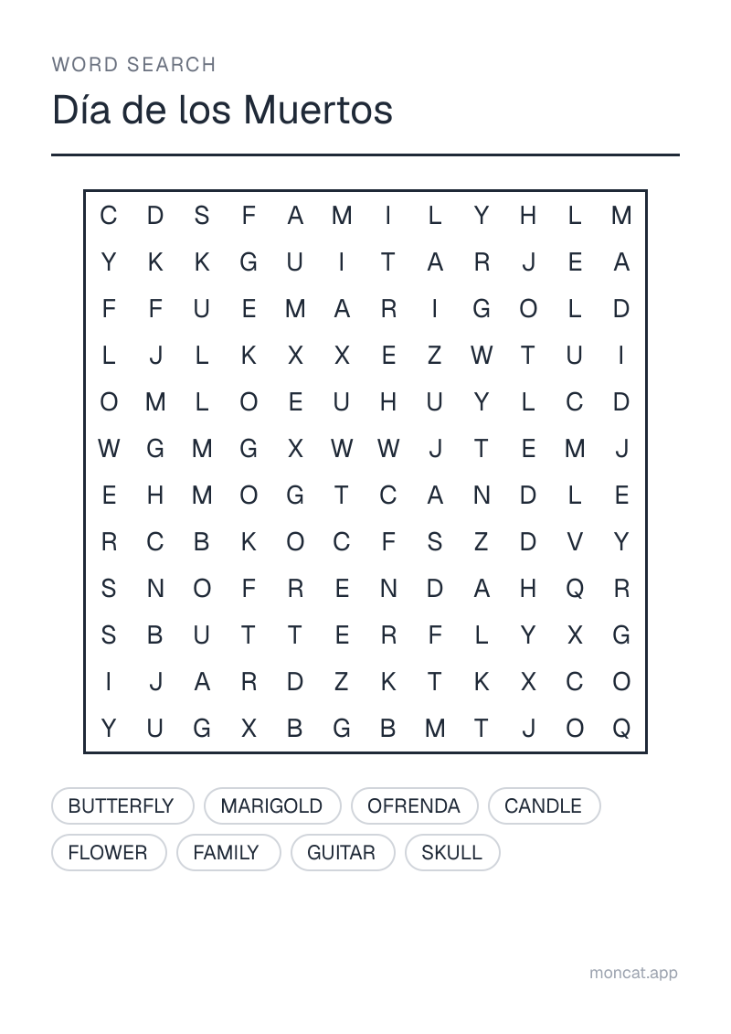 Sample printable Word Search on “Día de los Muertos” with the words: ofrenda, skull, marigold, candle, flower, family, butterfly, guitar