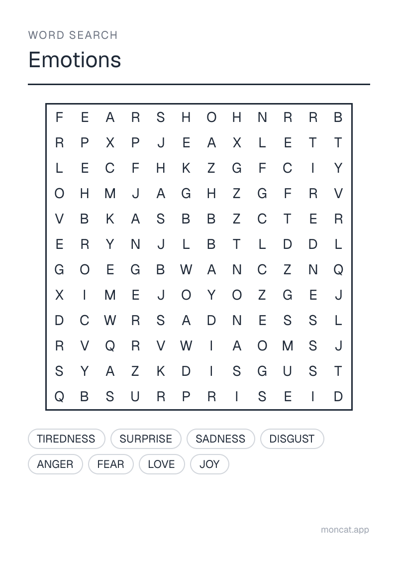 Sample printable Word Search on “Emotions” with the words: joy, sadness, anger, fear, surprise, disgust, love, tiredness