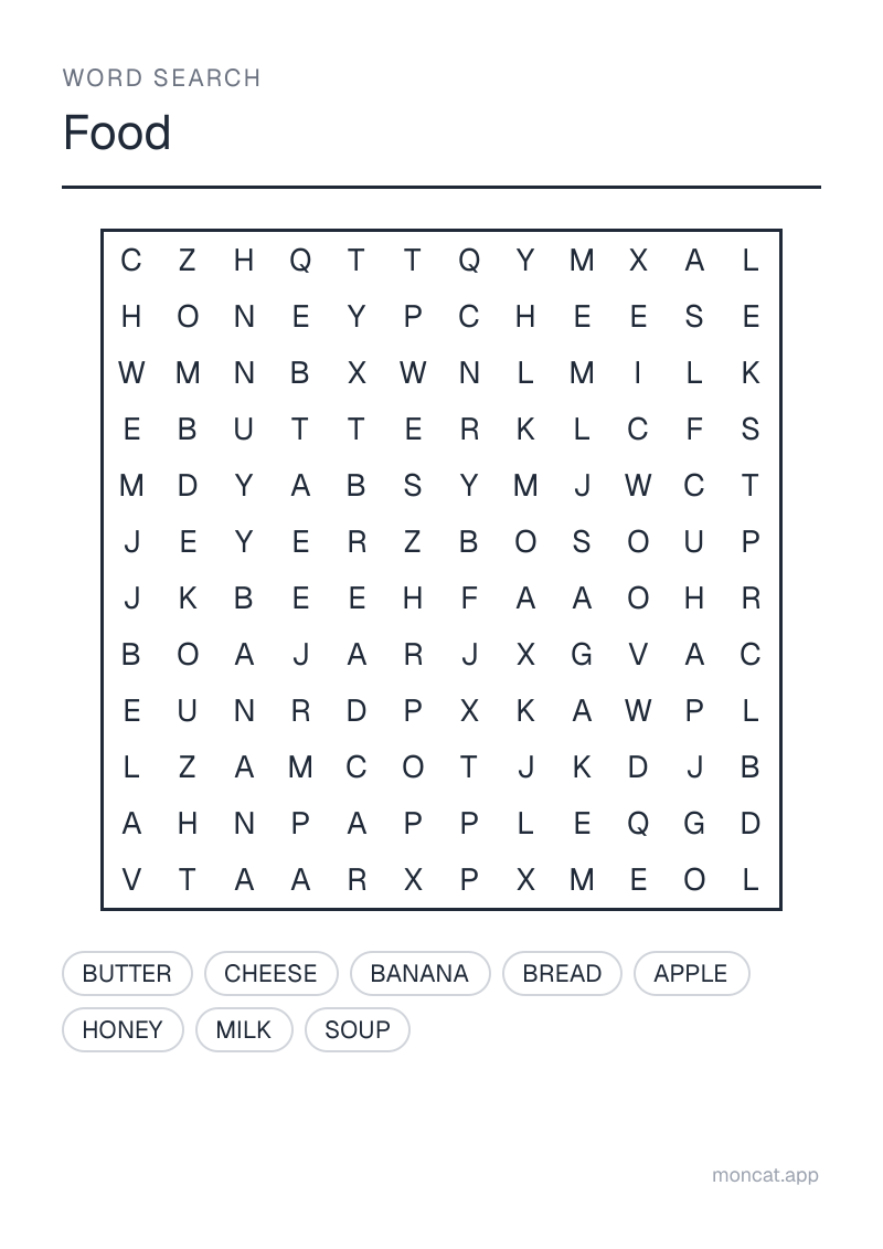 Sample printable Word Search on “Food” with the words: bread, butter, milk, cheese, apple, banana, soup, honey
