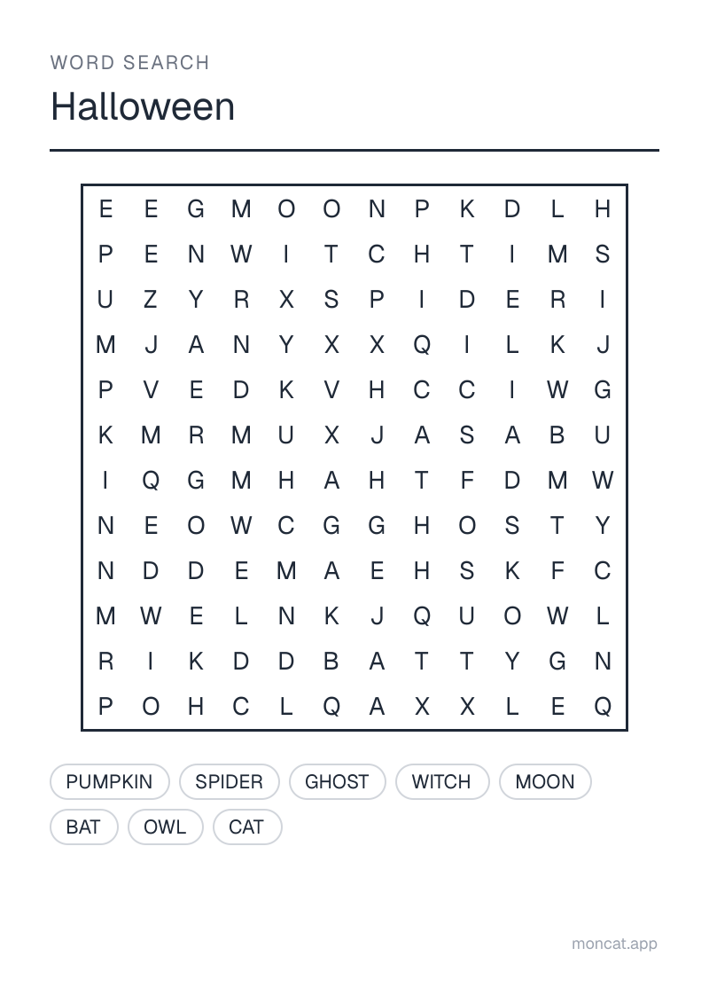 Sample printable Word Search on “Halloween” with the words: pumpkin, ghost, witch, bat, spider, owl, moon, cat