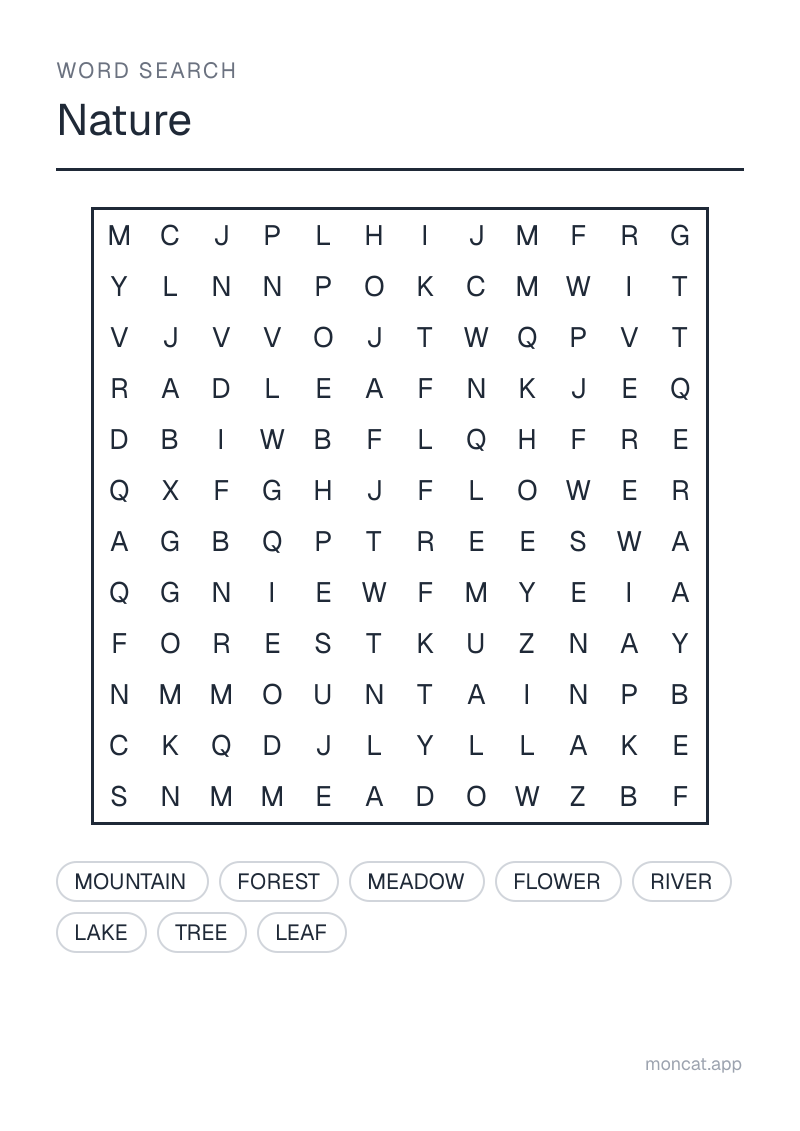 Sample printable Word Search on “Nature” with the words: forest, river, mountain, lake, meadow, flower, tree, leaf