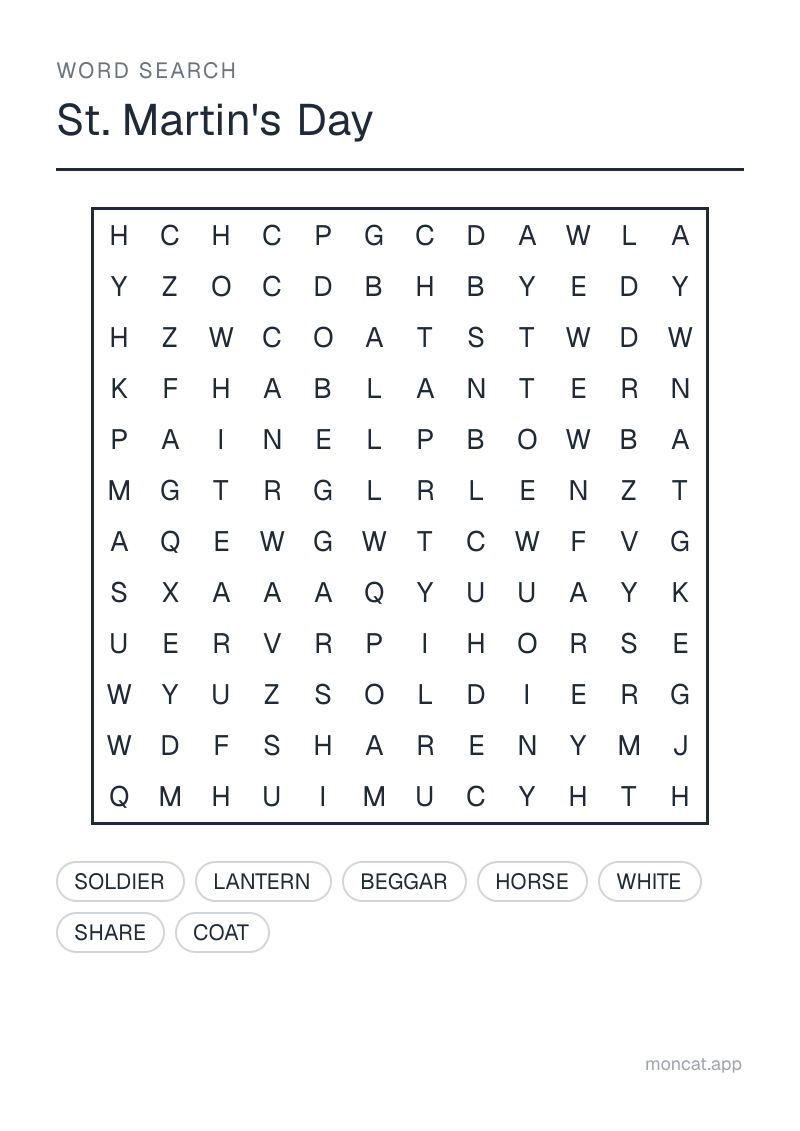 Sample printable Word Search on “St. Martin's Day” with the words: horse, white, coat, soldier, beggar, share, lantern