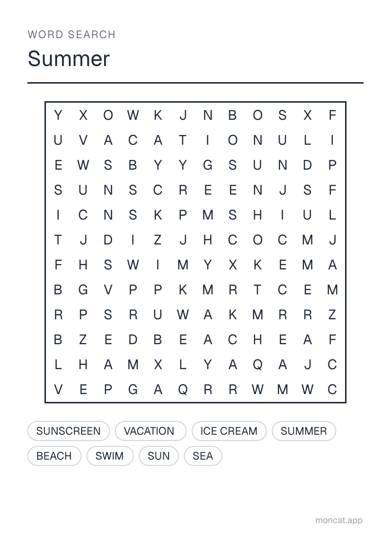 Sample printable Word Search on “Summer” with the words: sun, vacation, beach, sea, ice cream, swim, summer, sunscreen