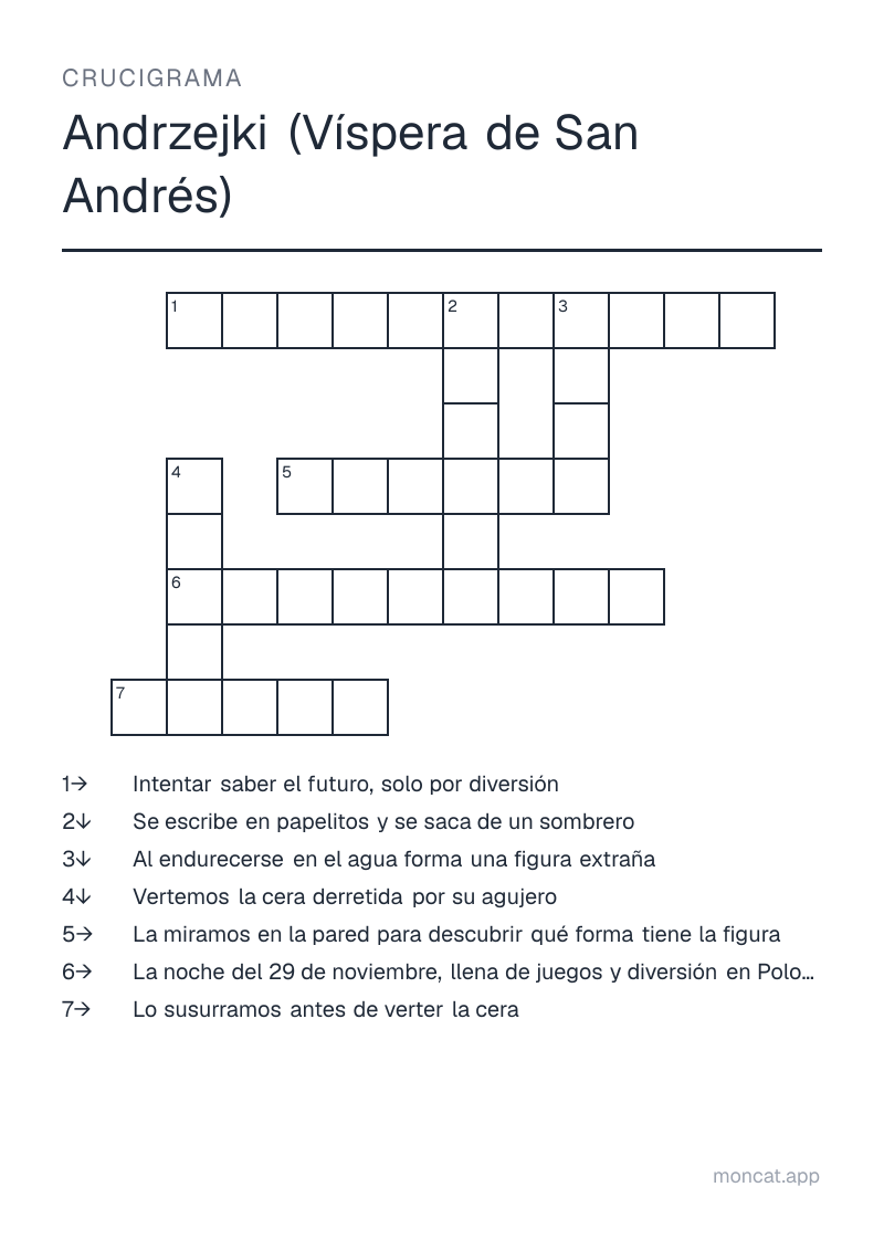 Ejemplo de ficha para imprimir — Crucigrama sobre «Andrzejki (Víspera de San Andrés)» con las palabras: andrzejki, adivinación, cera, llave, sombra, deseo, nombre