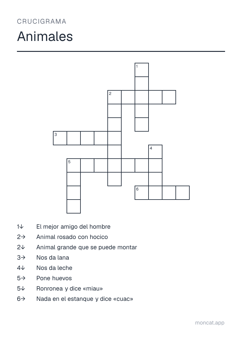 Ejemplo de ficha para imprimir — Crucigrama sobre «Animales» con las palabras: perro, gato, vaca, caballo, cerdo, oveja, gallina, pato
