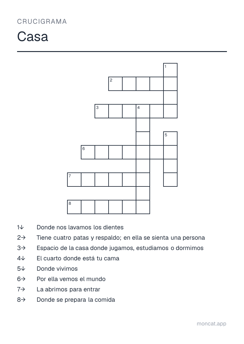 Ejemplo de ficha para imprimir — Crucigrama sobre «Casa» con las palabras: casa, cuarto, cocina, baño, recámara, ventana, puerta, silla