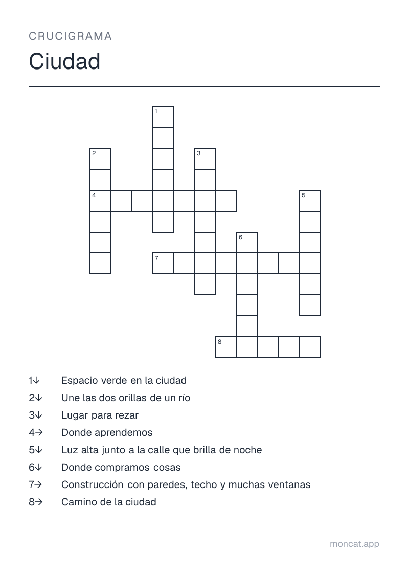 Ejemplo de ficha para imprimir — Crucigrama sobre «Ciudad» con las palabras: calle, edificio, tienda, escuela, iglesia, parque, puente, farola