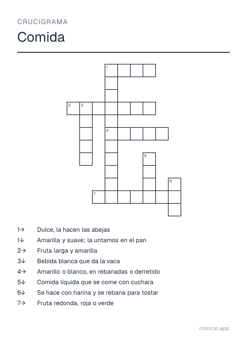 Ejemplo de ficha para imprimir — Crucigrama sobre «Comida» con las palabras: pan, mantequilla, leche, queso, manzana, plátano, sopa, miel