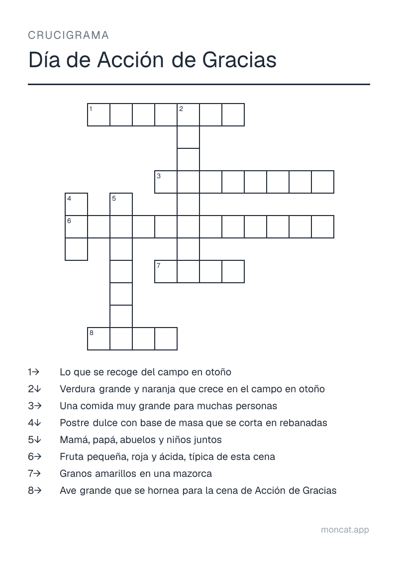 Ejemplo de ficha para imprimir — Crucigrama sobre «Día de Acción de Gracias» con las palabras: pavo, pay, calabaza, maíz, cosecha, banquete, familia, arándano rojo