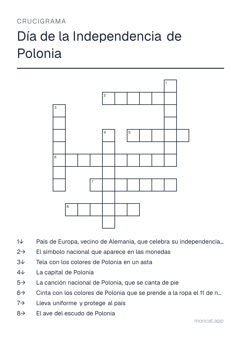 Ejemplo de ficha para imprimir — Crucigrama sobre «Día de la Independencia de Polonia» con las palabras: bandera, escudo, águila, himno, escarapela, polonia, varsovia, soldado