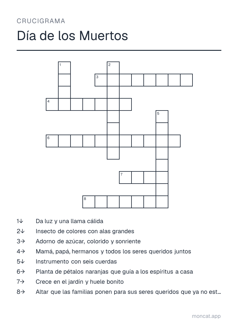 Ejemplo de ficha para imprimir — Crucigrama sobre «Día de los Muertos» con las palabras: ofrenda, calavera, cempasúchil, vela, flor, familia, mariposa, guitarra