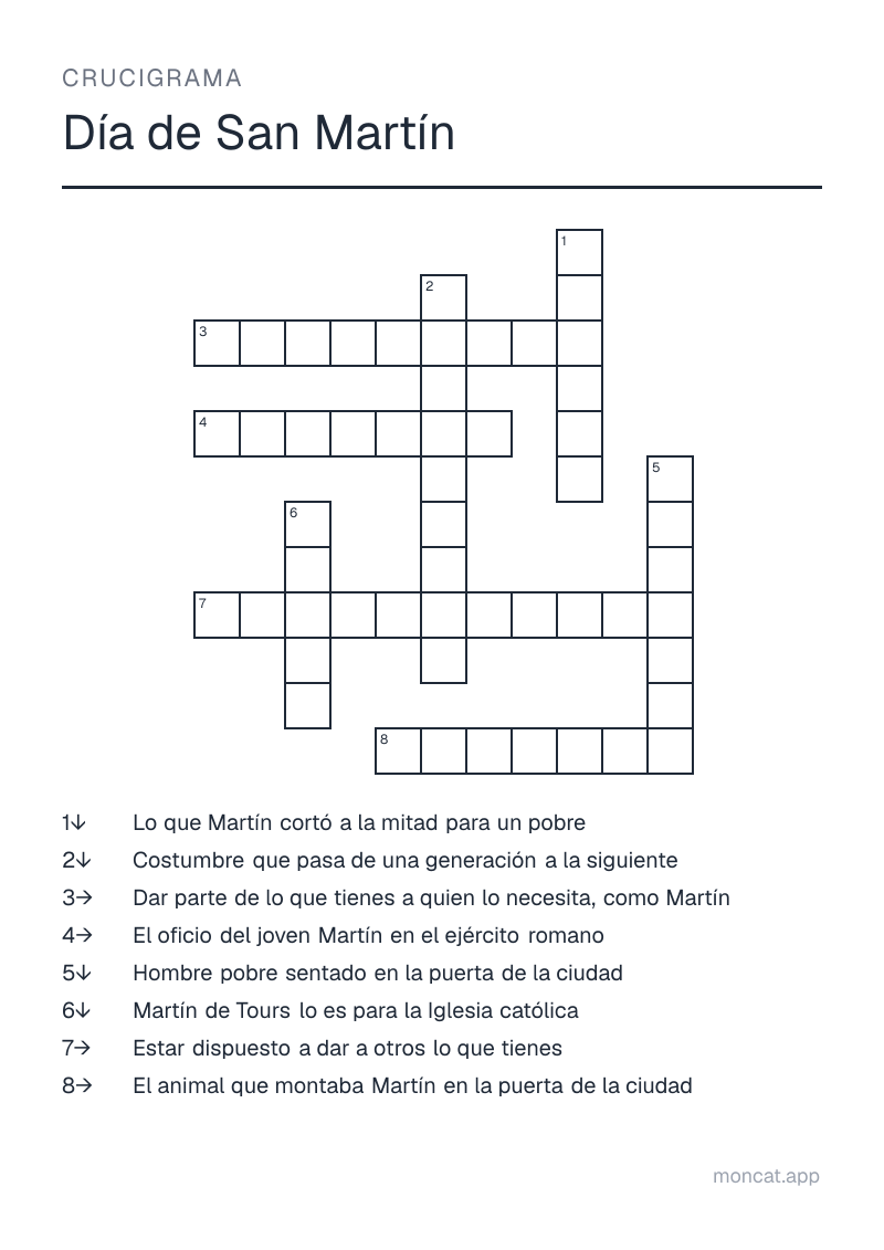 Ejemplo de ficha para imprimir — Crucigrama sobre «Día de San Martín» con las palabras: santo, soldado, caballo, abrigo, mendigo, compartir, generosidad, tradición
