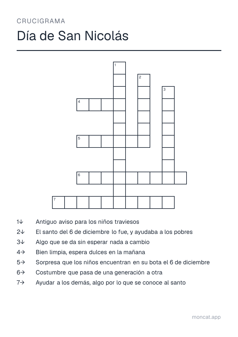 Ejemplo de ficha para imprimir — Crucigrama sobre «Día de San Nicolás» con las palabras: obispo, tradición, obsequio, regalo, bota, vara de abedul, amabilidad