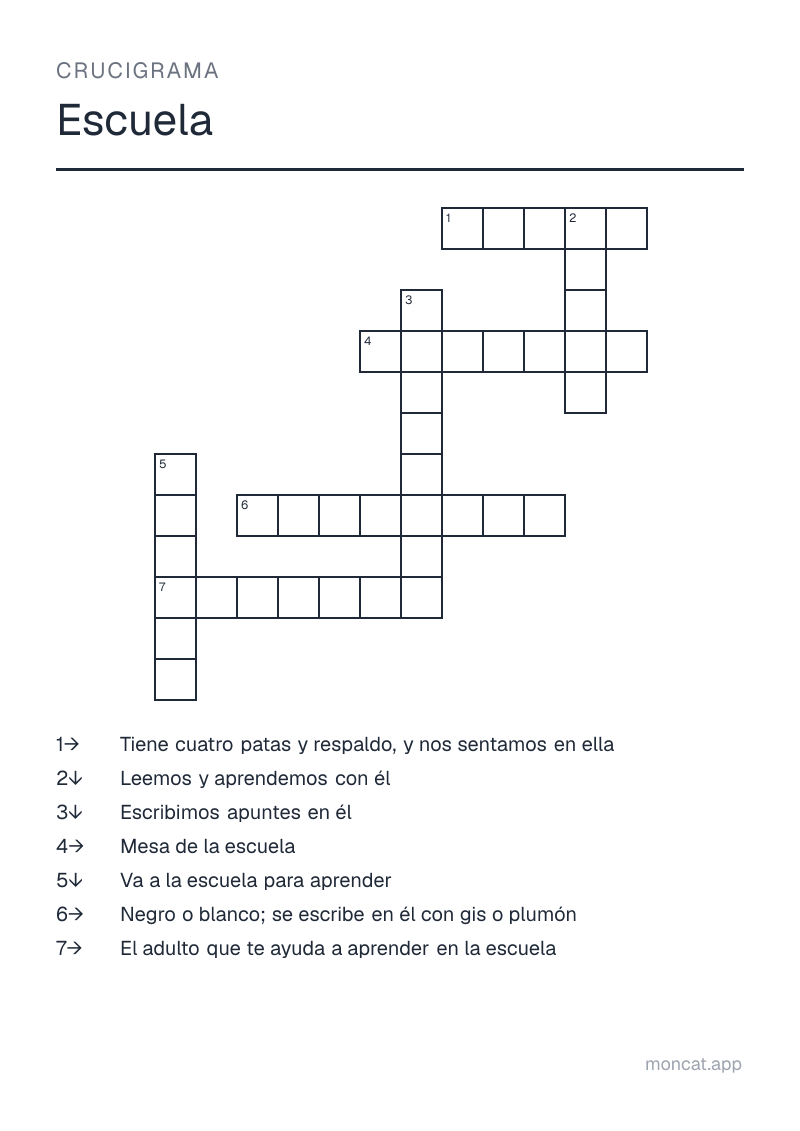 Ejemplo de ficha para imprimir — Crucigrama sobre «Escuela» con las palabras: maestro, alumno, pizarrón, silla, pupitre, libro, cuaderno