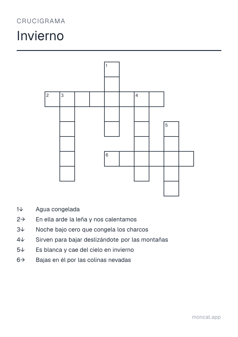 Ejemplo de ficha para imprimir — Crucigrama sobre «Invierno» con las palabras: nieve, trineo, esquís, hielo, helada, chimenea