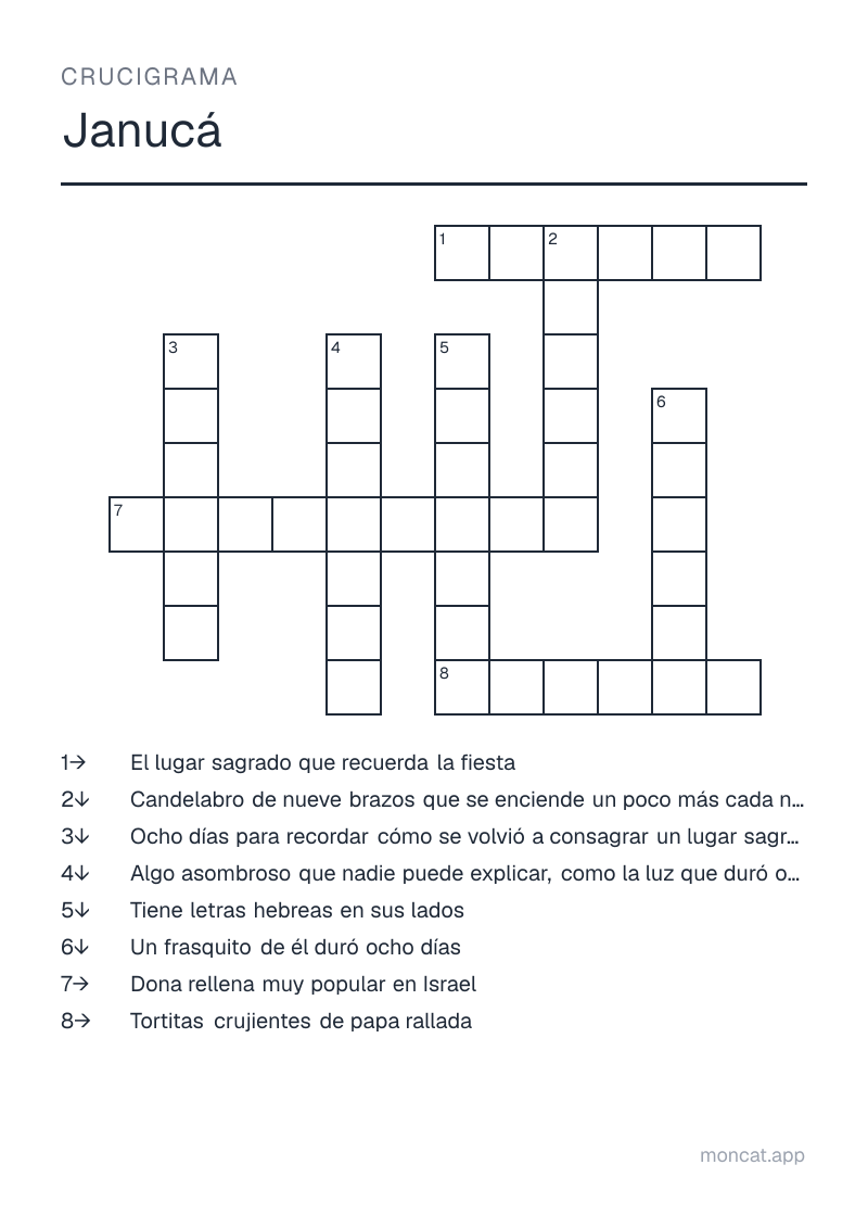 Ejemplo de ficha para imprimir — Crucigrama sobre «Janucá» con las palabras: janucá, templo, milagro, aceite, menorá, dreidel, latkes, sufganiyá