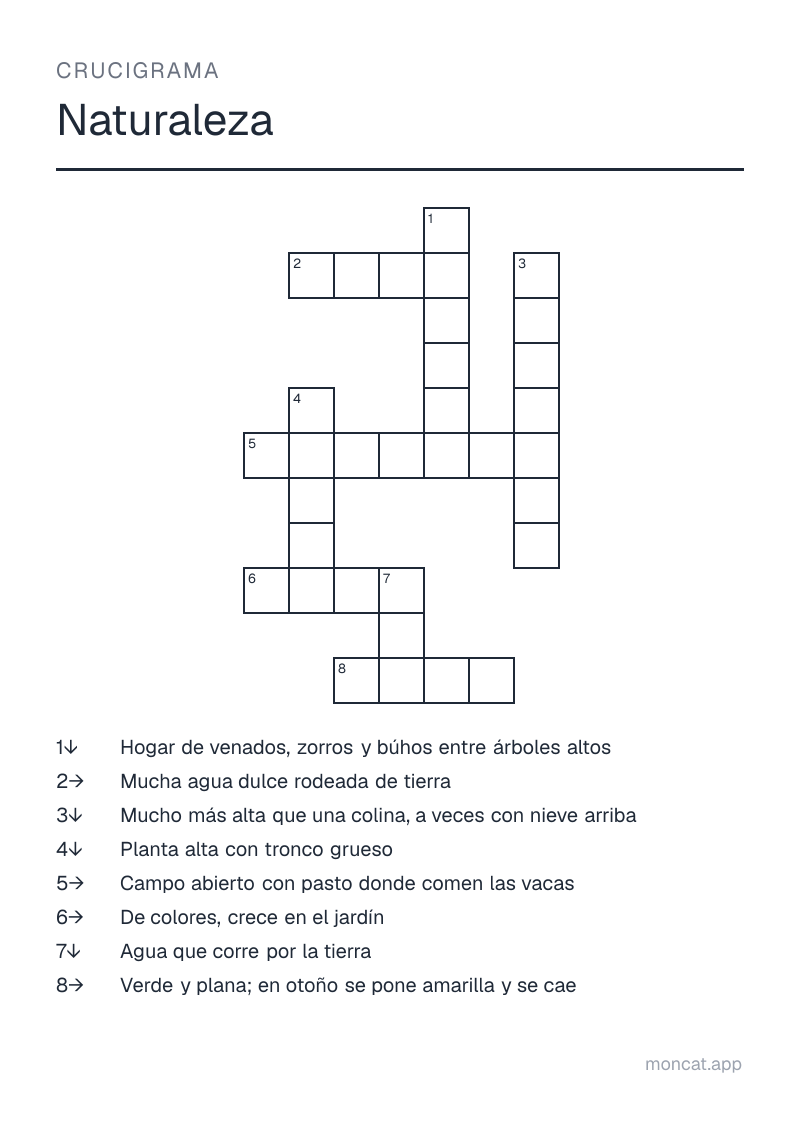 Ejemplo de ficha para imprimir — Crucigrama sobre «Naturaleza» con las palabras: bosque, río, montaña, lago, pradera, flor, árbol, hoja