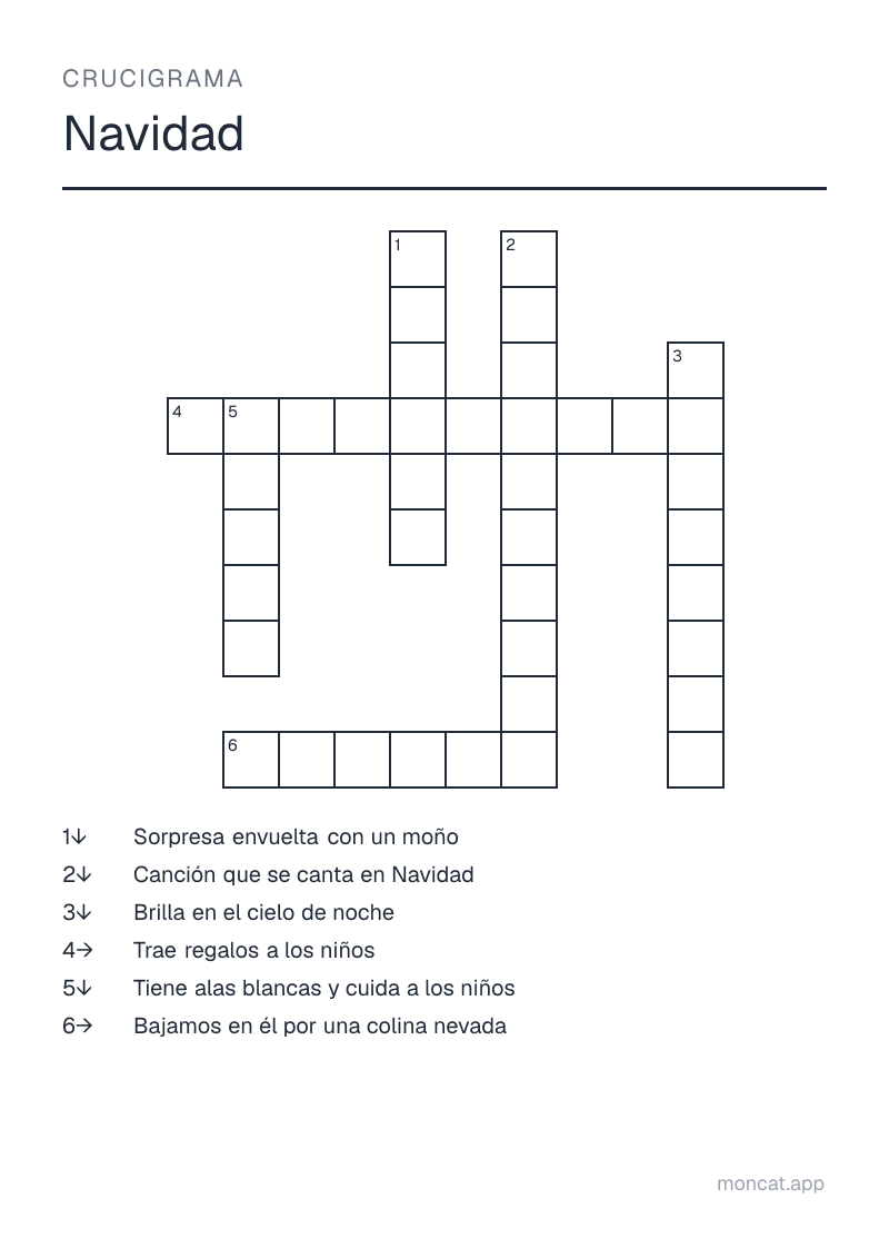 Ejemplo de ficha para imprimir — Crucigrama sobre «Navidad» con las palabras: regalo, estrella, ángel, villancico, santa claus, trineo