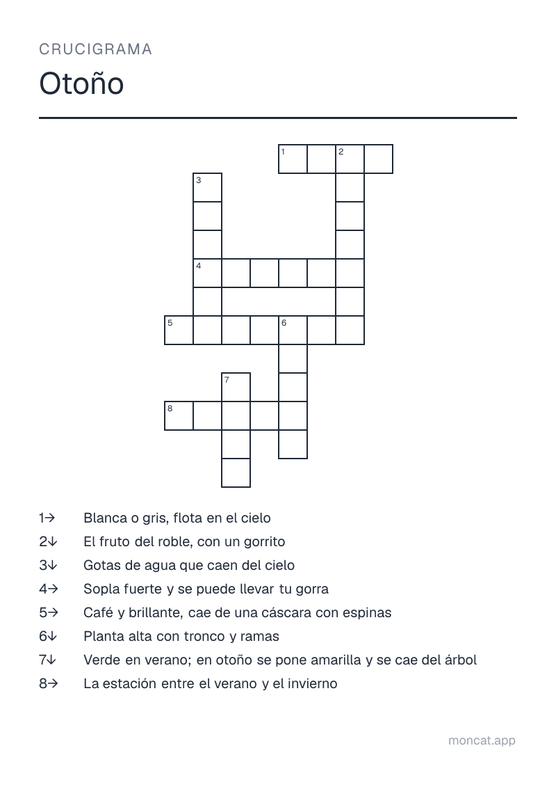 Ejemplo de ficha para imprimir — Crucigrama sobre «Otoño» con las palabras: otoño, hoja, árbol, lluvia, nube, viento, castaña, bellota