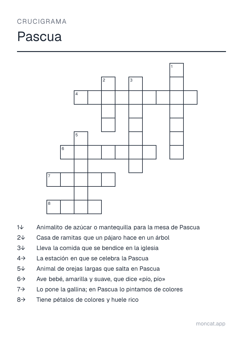 Ejemplo de ficha para imprimir — Crucigrama sobre «Pascua» con las palabras: huevo, conejo, canasta, cordero, pollito, nido, primavera, flor