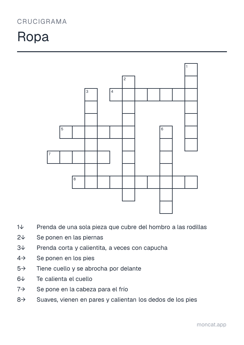 Ejemplo de ficha para imprimir — Crucigrama sobre «Ropa» con las palabras: camisa, pantalones, vestido, zapatos, calcetines, chamarra, gorro, bufanda