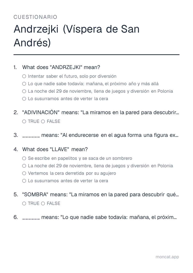 Ejemplo de ficha para imprimir — Cuestionario sobre «Andrzejki (Víspera de San Andrés)» con las palabras: andrzejki, adivinación, cera, llave, sombra, futuro