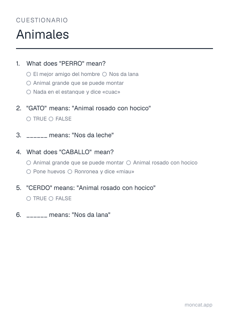 Ejemplo de ficha para imprimir — Cuestionario sobre «Animales» con las palabras: perro, gato, vaca, caballo, cerdo, oveja