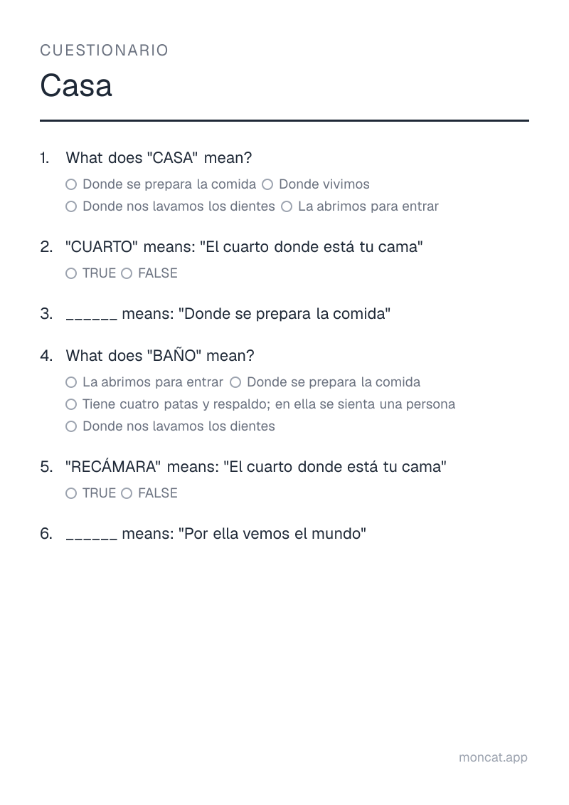 Ejemplo de ficha para imprimir — Cuestionario sobre «Casa» con las palabras: casa, cuarto, cocina, baño, recámara, ventana