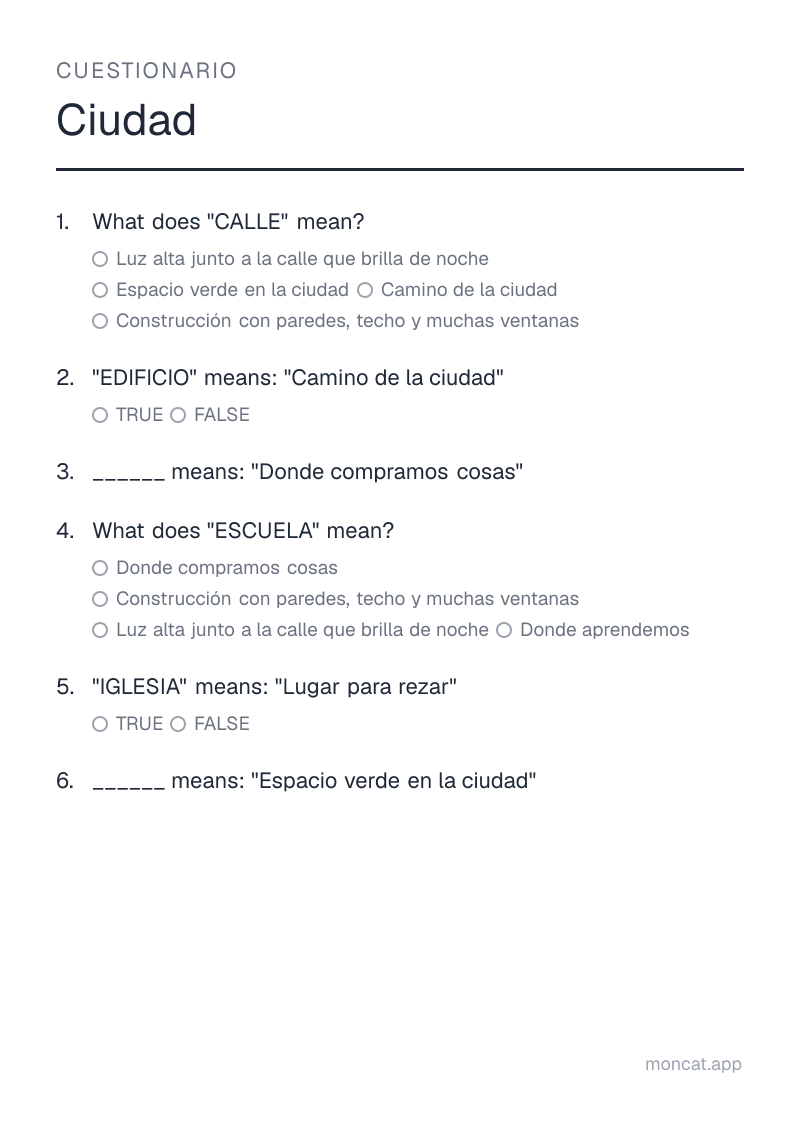 Ejemplo de ficha para imprimir — Cuestionario sobre «Ciudad» con las palabras: calle, edificio, tienda, escuela, iglesia, parque