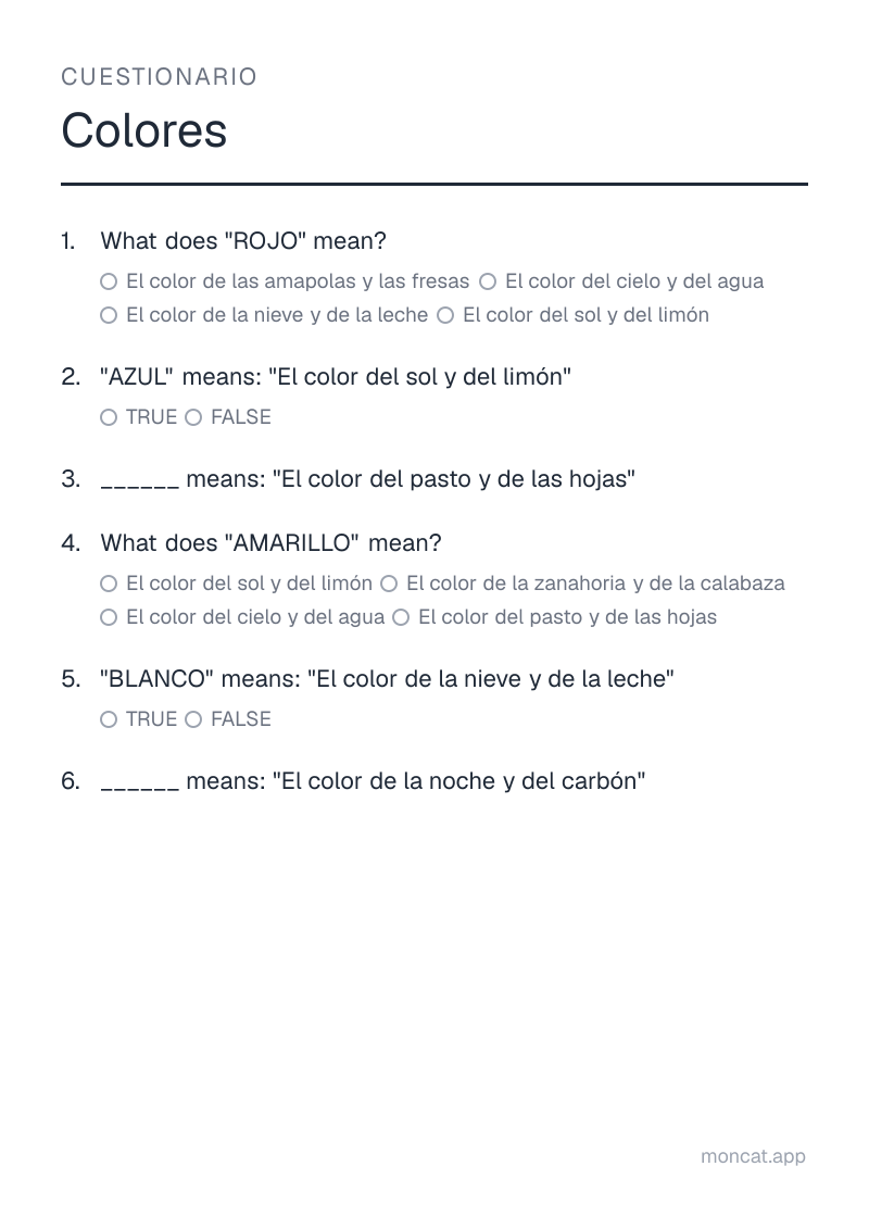 Ejemplo de ficha para imprimir — Cuestionario sobre «Colores» con las palabras: rojo, azul, verde, amarillo, blanco, negro