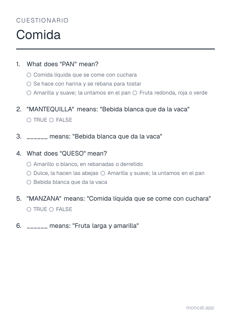 Ejemplo de ficha para imprimir — Cuestionario sobre «Comida» con las palabras: pan, mantequilla, leche, queso, manzana, plátano