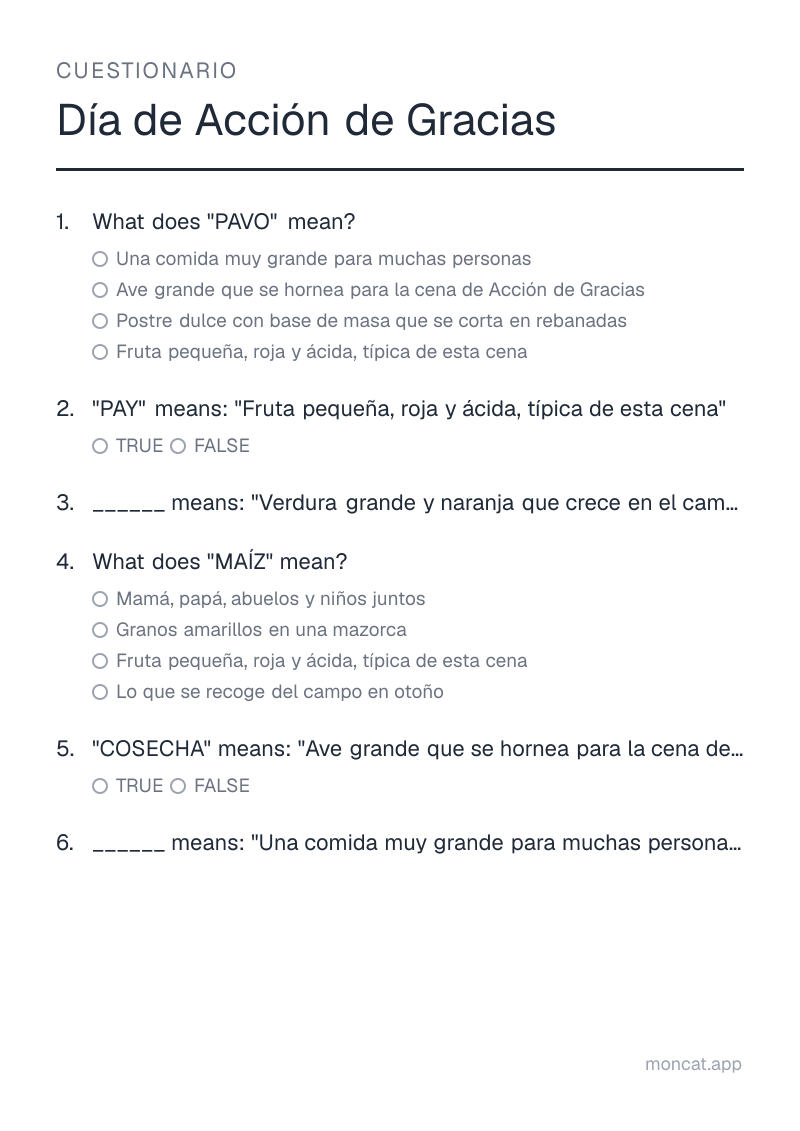Ejemplo de ficha para imprimir — Cuestionario sobre «Día de Acción de Gracias» con las palabras: pavo, pay, calabaza, maíz, cosecha, banquete