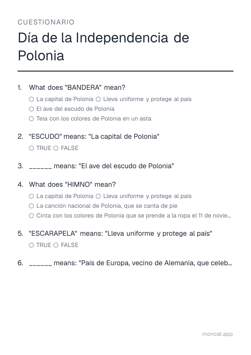 Ejemplo de ficha para imprimir — Cuestionario sobre «Día de la Independencia de Polonia» con las palabras: bandera, escudo, águila, himno, escarapela, polonia