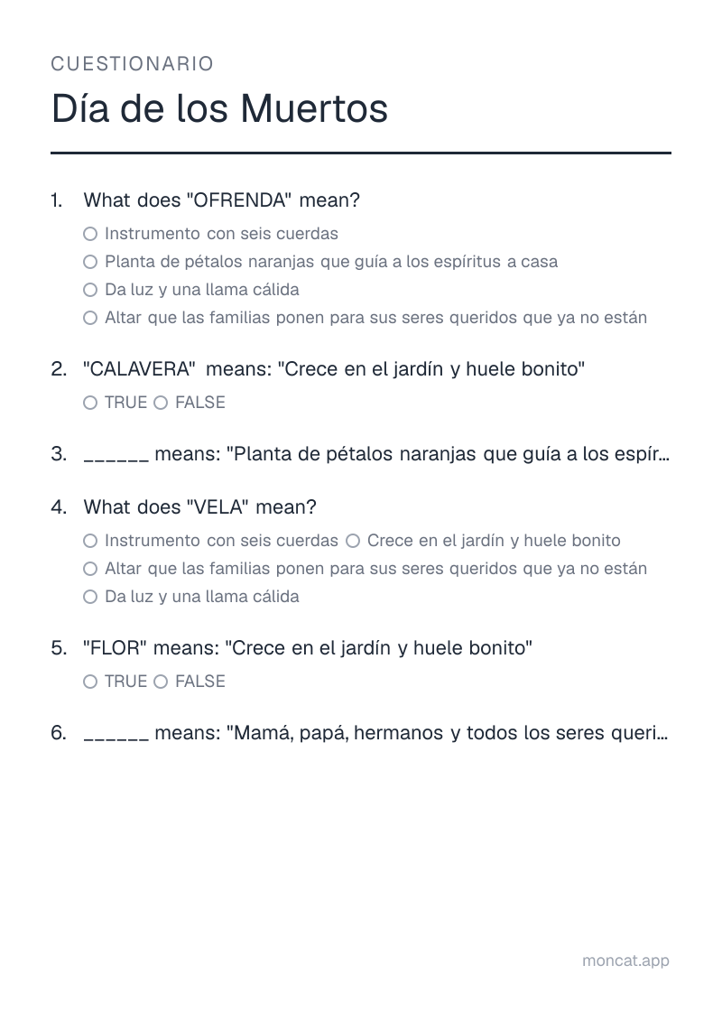 Ejemplo de ficha para imprimir — Cuestionario sobre «Día de los Muertos» con las palabras: ofrenda, calavera, cempasúchil, vela, flor, familia