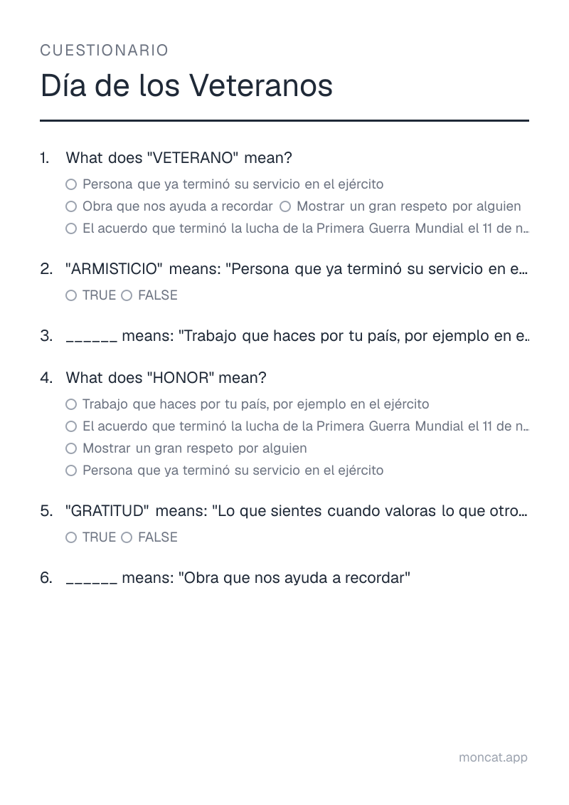 Ejemplo de ficha para imprimir — Cuestionario sobre «Día de los Veteranos» con las palabras: veterano, armisticio, servicio, honor, gratitud, monumento