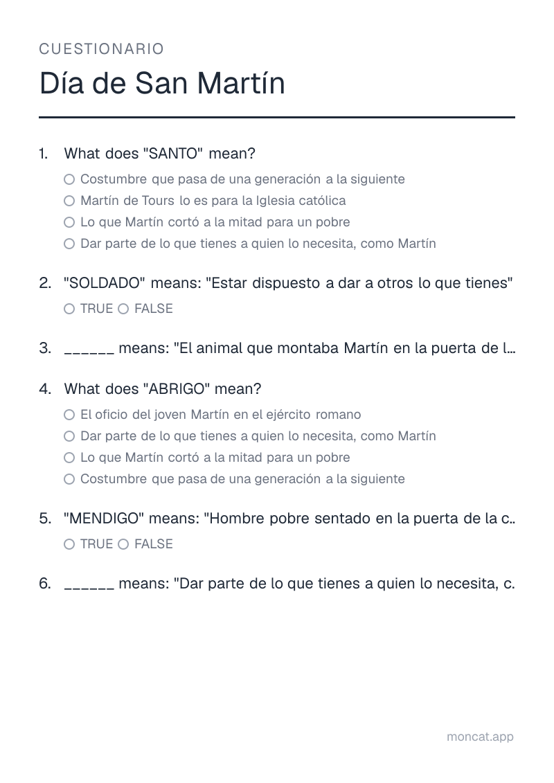 Ejemplo de ficha para imprimir — Cuestionario sobre «Día de San Martín» con las palabras: santo, soldado, caballo, abrigo, mendigo, compartir