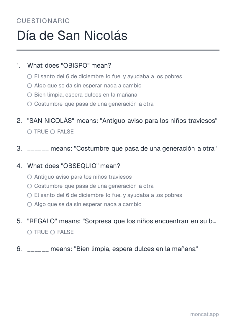 Ejemplo de ficha para imprimir — Cuestionario sobre «Día de San Nicolás» con las palabras: obispo, san nicolás, tradición, obsequio, regalo, bota