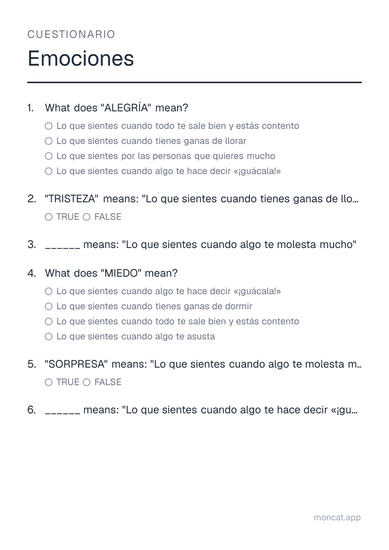 Ejemplo de ficha para imprimir — Cuestionario sobre «Emociones» con las palabras: alegría, tristeza, enojo, miedo, sorpresa, asco