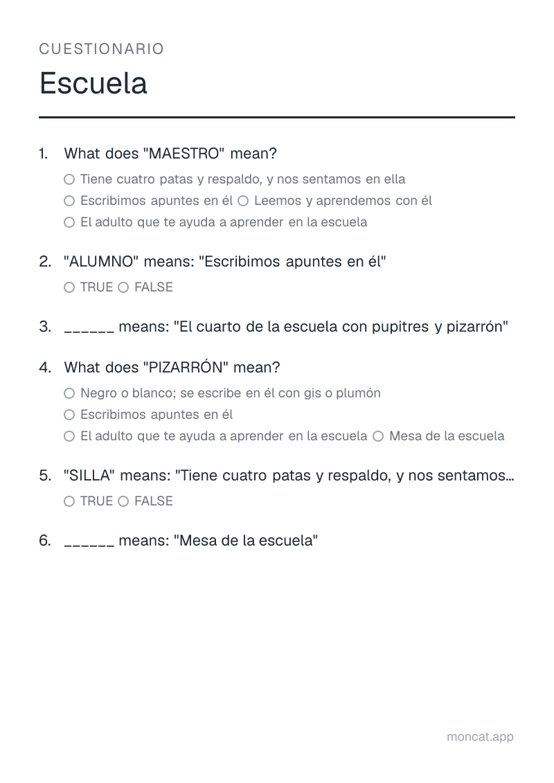 Ejemplo de ficha para imprimir — Cuestionario sobre «Escuela» con las palabras: maestro, alumno, salón de clases, pizarrón, silla, pupitre