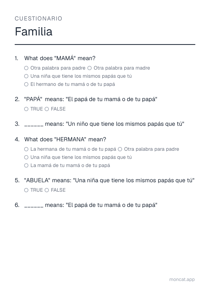 Ejemplo de ficha para imprimir — Cuestionario sobre «Familia» con las palabras: mamá, papá, hermano, hermana, abuela, abuelo