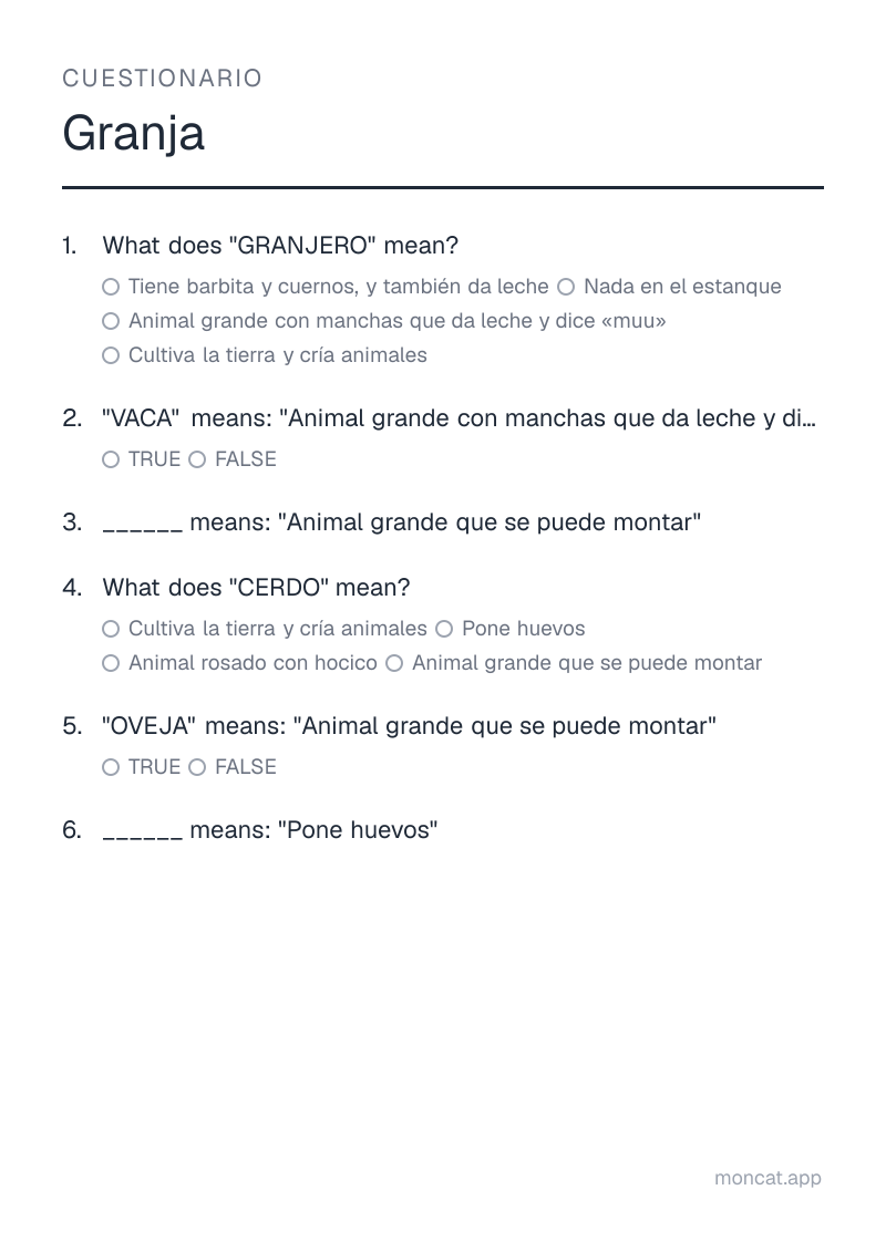 Ejemplo de ficha para imprimir — Cuestionario sobre «Granja» con las palabras: granjero, vaca, caballo, cerdo, oveja, gallina