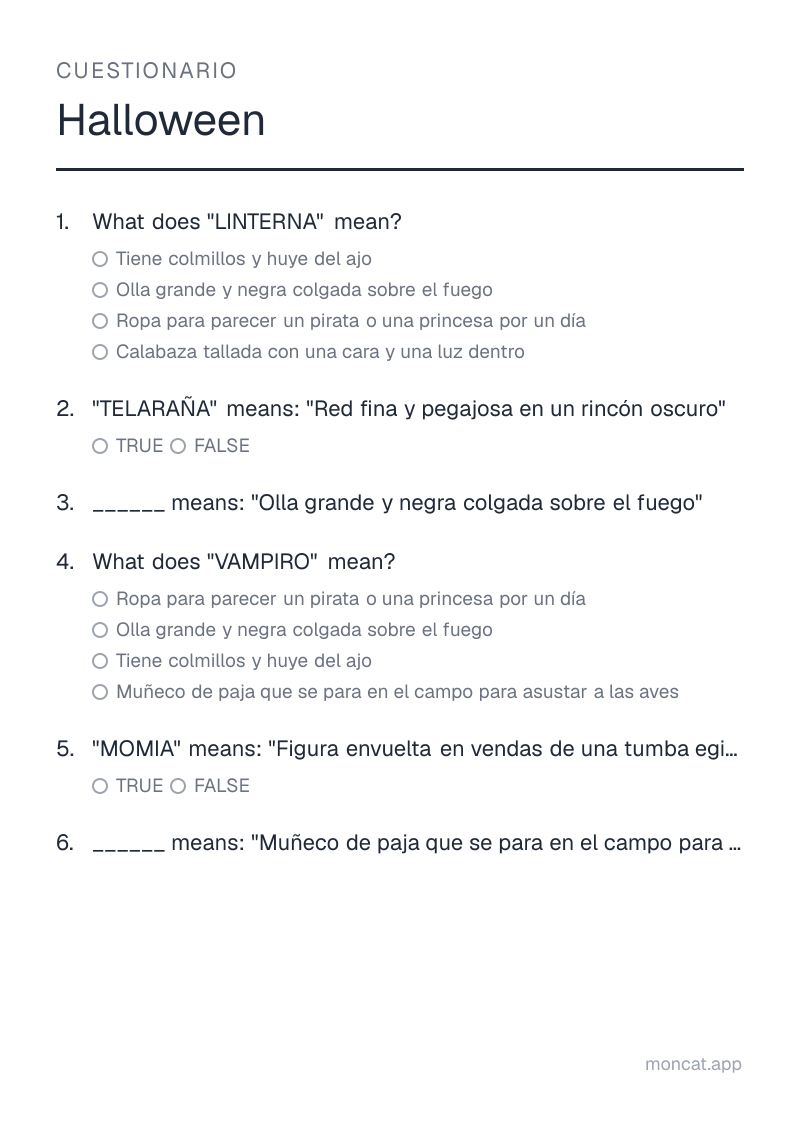 Ejemplo de ficha para imprimir — Cuestionario sobre «Halloween» con las palabras: linterna, telaraña, caldero, vampiro, momia, espantapájaros