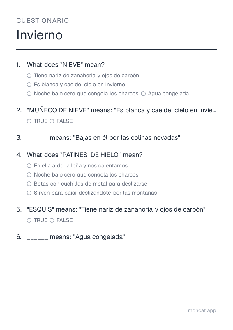 Ejemplo de ficha para imprimir — Cuestionario sobre «Invierno» con las palabras: nieve, muñeco de nieve, trineo, patines de hielo, esquís, hielo
