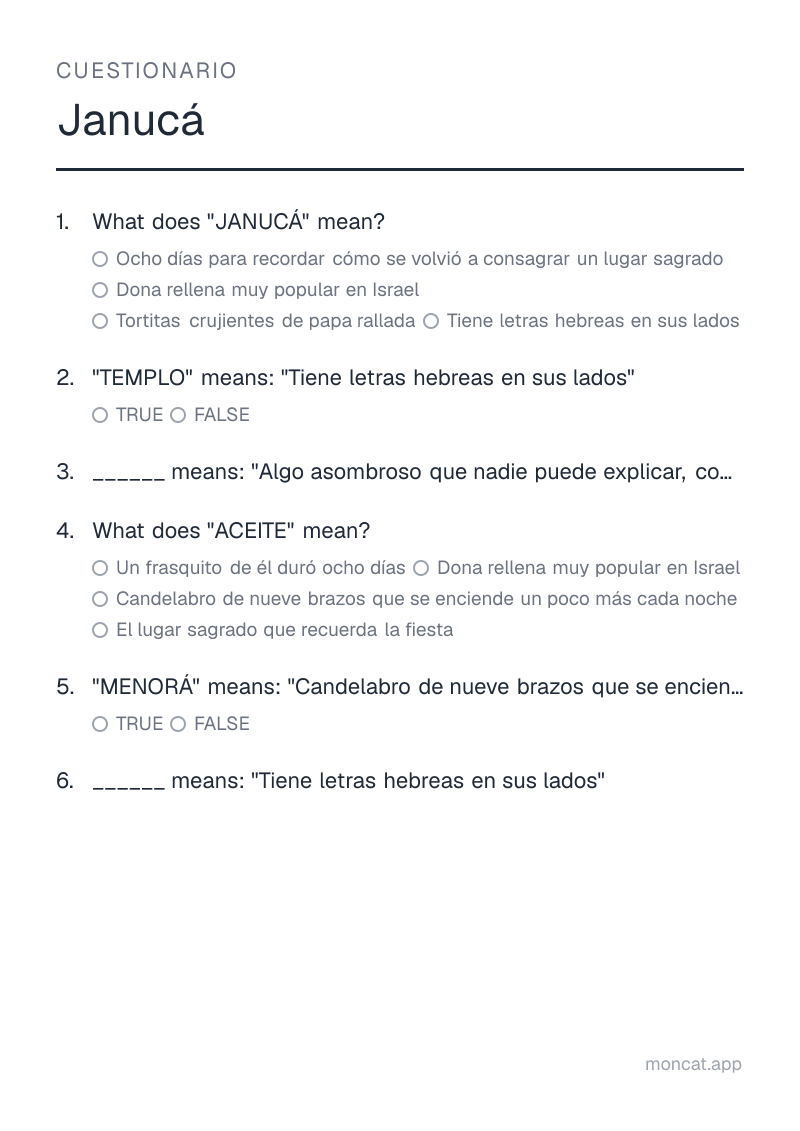 Ejemplo de ficha para imprimir — Cuestionario sobre «Janucá» con las palabras: janucá, templo, milagro, aceite, menorá, dreidel