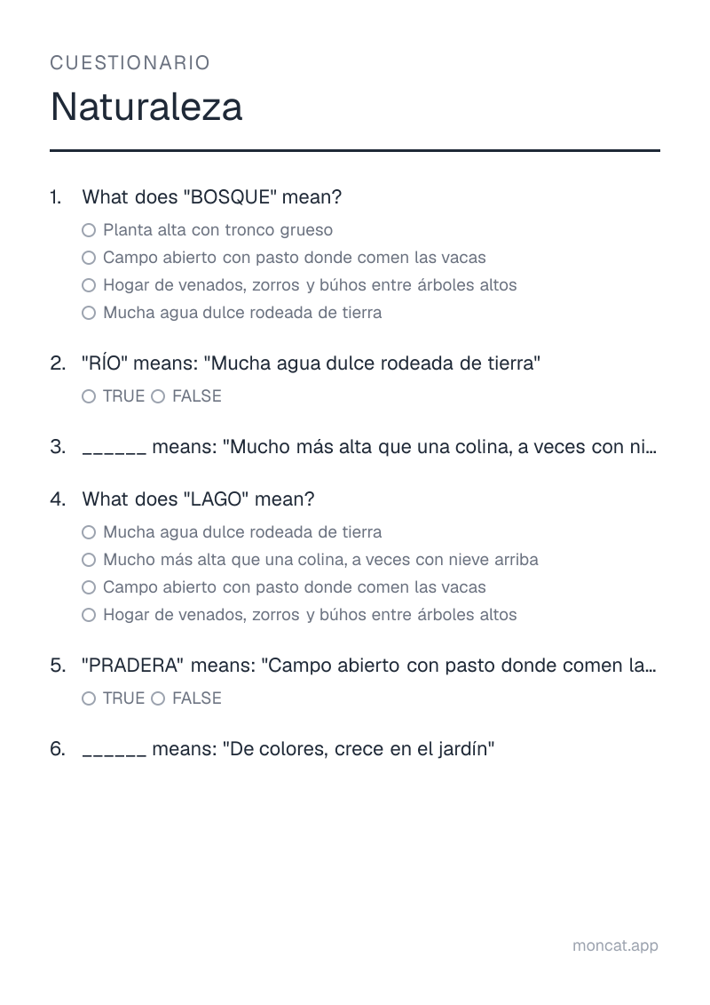 Ejemplo de ficha para imprimir — Cuestionario sobre «Naturaleza» con las palabras: bosque, río, montaña, lago, pradera, flor