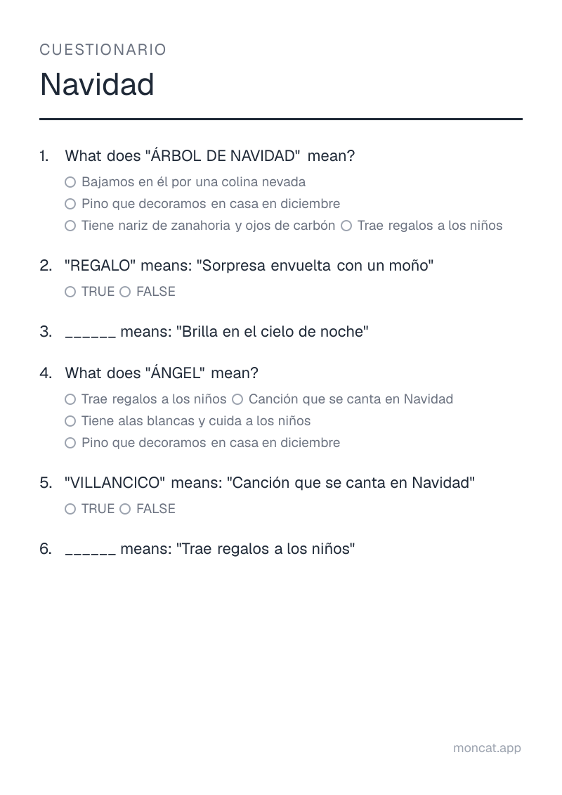 Ejemplo de ficha para imprimir — Cuestionario sobre «Navidad» con las palabras: árbol de navidad, regalo, estrella, ángel, villancico, santa claus