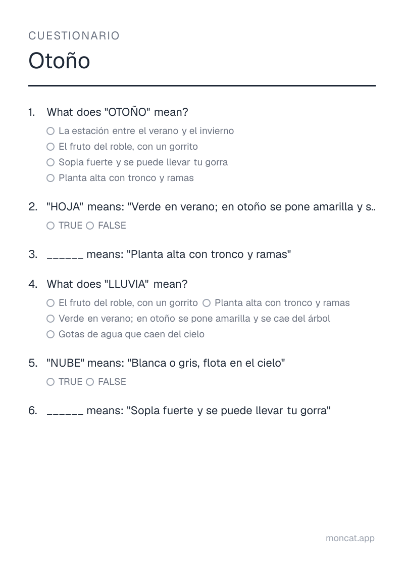 Ejemplo de ficha para imprimir — Cuestionario sobre «Otoño» con las palabras: otoño, hoja, árbol, lluvia, nube, viento