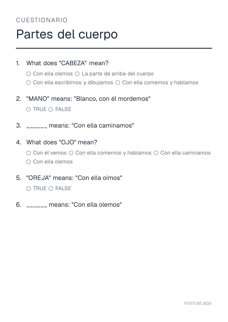 Ejemplo de ficha para imprimir — Cuestionario sobre «Partes del cuerpo» con las palabras: cabeza, mano, pierna, ojo, oreja, nariz